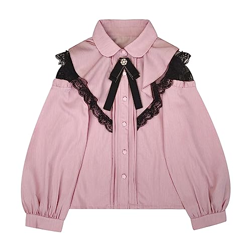 Cuteighteen Lolita-Bluse für Damen, langärmelig, niedlich, elegant, Rüschen, elegant, lässig, Spitze, Knopfleiste, Oberteil mit Schleife, Rosa, EinheitsgröÃŸe von Cuteighteen