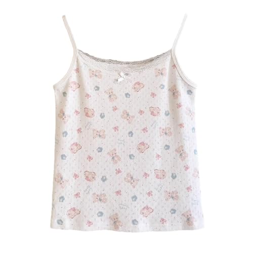 Cuteighteen Kawaii Spitzenbesatz Spaghettiträger Camisole Teens Basic Tank Top Cute Bear Graphic Layering Tanks Ärmellos Tops, Weiss/opulenter Garten, Klein von Cuteighteen