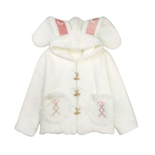 Cuteighteen Lolita Kawaii Bunny Ears Buttons Hoodie Teens Fluffy Sherpa Jacket Anime Cosplay Winter Warm Fuzzy Coat with Hood, Weiss/opulenter Garten, M von Cuteighteen