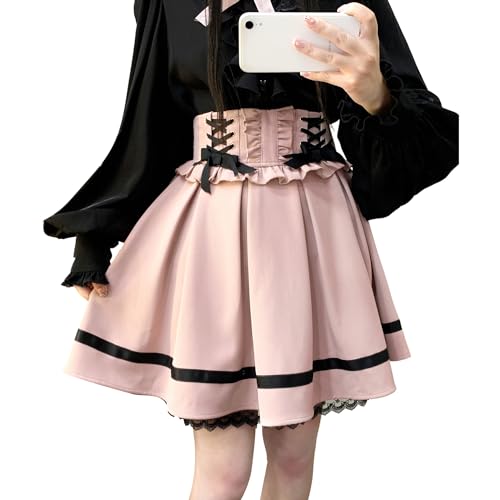 Cuteighteen Lolita Kawaii Lace Up Mini Rock Frauen Goth Tennis Plissee Hohe Taille Nette Rüschen Eine Linie Schule Mädchen Röcke, Pink, Einheitsgröße von Cuteighteen
