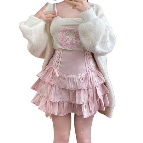 Cuteighteen Lolita gestufter Minirock für Damen, Kawaii, geschichtete Rüschen, hohe Taille, Schnürung, A-Linie, niedliche Röcke für Teenager-Mädchen, Pink, Mittel von Cuteighteen