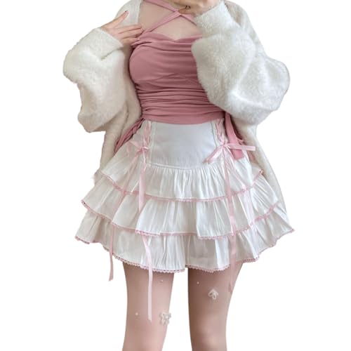 Cuteighteen Lolita gestufter Minirock für Damen, Kawaii, geschichtete Rüschen, hohe Taille, Schnürung, A-Linie, niedliche Röcke für Teenager-Mädchen, Weiss/opulenter Garten, Groß von Cuteighteen