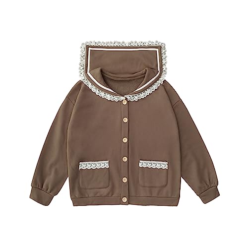 Lolita Kawaii Fleece Jacke Teen Mädchen Frauen Japanische Harajuku Mode Spitze Matrosen Kragen Top Coat Casual Button Up Cardigan, Braun, M von Cuteighteen