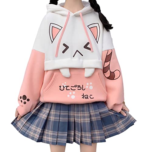 Niedliche Katze Grafik Hoodies Pullover Teenager Mädchen Japanisch Kawaii Anime Print Kapuzenpullover Sweatshirt Mode Tops, Pink, Einheitsgröße von Cuteighteen