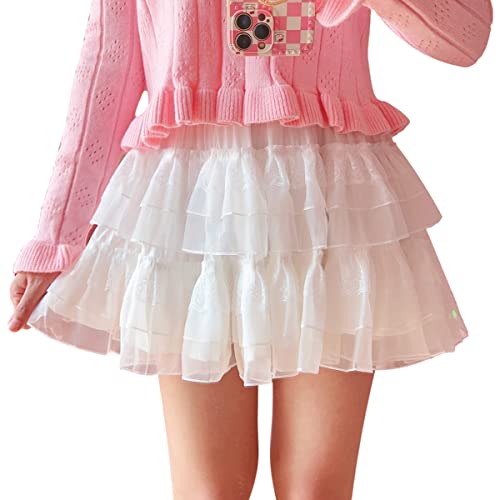Plissee Rüschen Mini Rock Frauen Skorts Lolita Teen Mädchen Süße Tiered Puffy Tüll Kurze Nette Floral Hohe Taille Röcke, Weiß, M von Cuteighteen