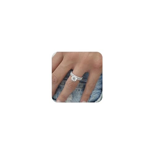 Cutesmile Modeschmuck, 2 Stück, 18 Karat platiniertes 925er-Sterlingsilber, runder Zirkonia-Kissen, Heiligenschein, glänzender Zirkonia-Kristall, Diamant, Verlobungsringe, Ehering-Set für Damen, Größe von Cutesmile