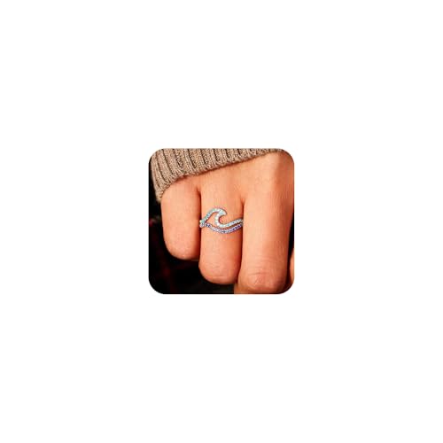 Cutesmile Wellen-Ring, Modeschmuck, 925er-Sterlingsilber, doppellagig, glänzend, Zirkonia, Farbverlauf, blaue Welle, offen, verstellbar, für Damen von Cutesmile