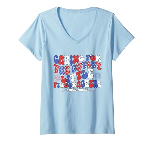 Damen Süßeste Little Firecrackers NICU Shirt Patriotic Nurse USA T-Shirt mit V-Ausschnitt Damen Süßeste Little Firecrackers NICU Shirt Patriotic Nurse USA T-Shirt mit V-Ausschnitt von Cutest Little Firecrackers NICU Tee Shirts