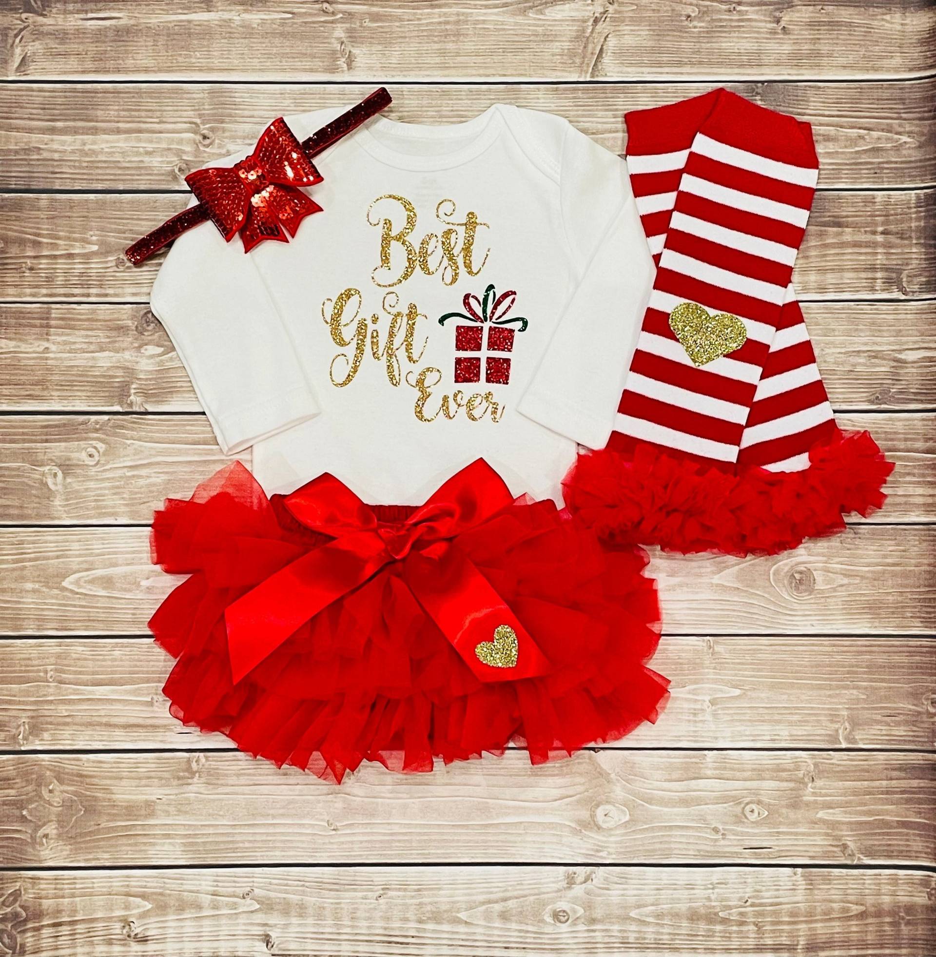 Baby Mädchen Weihnachten Outfit, Bestes Geschenk Aller Zeiten, Mädchen 1. Weihnachts Outfit, Kleidung, Neugeborenen Body, Rot Und Gold von CutieCouture4u2