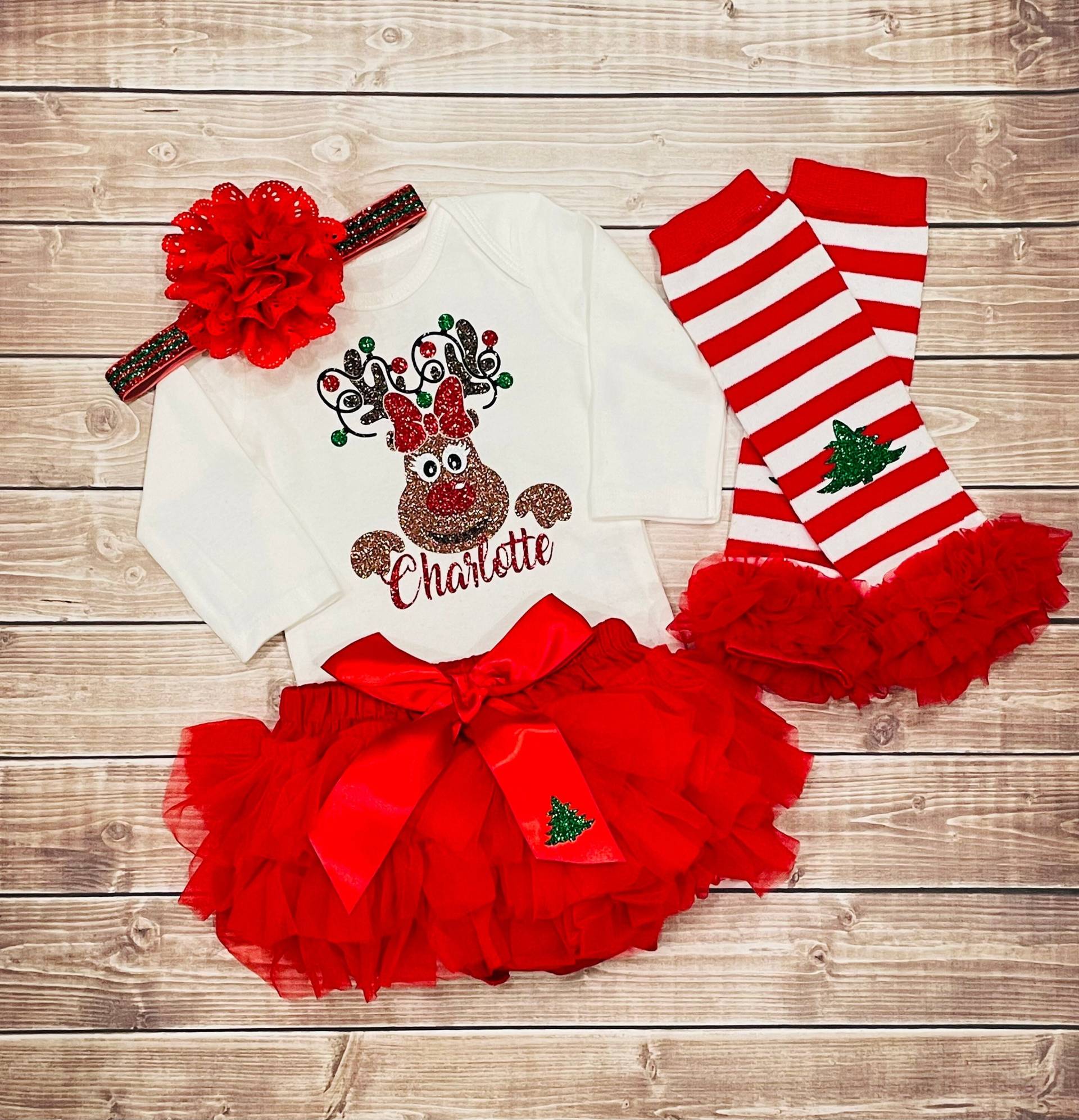 Personalisierte Mädchen Weihnachts Outfit, Rentier Mein Erstes Baby Set, Body, 1. Weihnachten von CutieCouture4u2