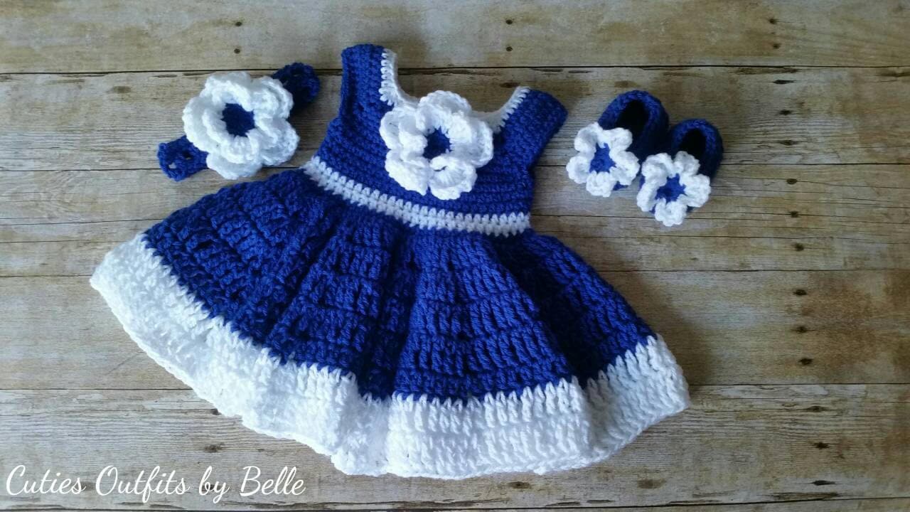 Crochet Baby Dress Outfit Blaues Kleinkind Kleid, Stirnband & Schuhe von CutieOutfitsbyBelle