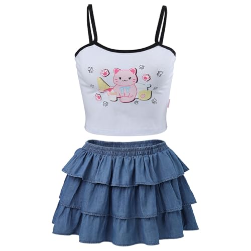 CutiePlusU 2-teiliges Damen Outfit Crop Top mit Kätzchen-Print & verstellbaren Spaghettiträger Denim Etagenrock Aus Baumwolle M von CutiePlusU