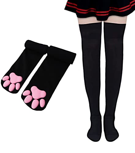 CutiePlusU 3D Katze Pfoten Pad über Kniestrümpfe Silikon Katzenpfoten Oberschenkelhohe Socken elastische Seidenstrümpfe Cosplay Socken-Schwarz von CutiePlusU