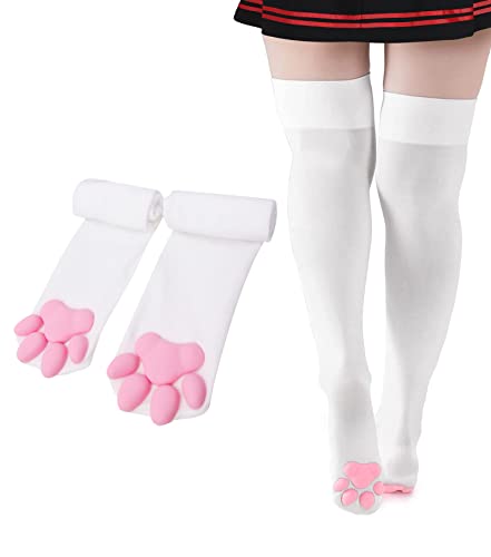 CutiePlusU 3D Katze Pfoten Pad über Kniestrümpfe Silikon Katzenpfoten Oberschenkelhohe Socken elastische Seidenstrümpfe Cosplay Socken-Weiß von CutiePlusU