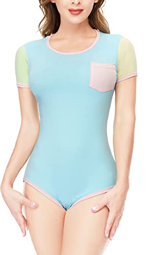 CutiePlusU Baumwoll-Bodysuit mit Knöpfen im Schritt Erwachsene Strampler Onesie Schlafanzug Spleißer Style Blau XL von CutiePlusU