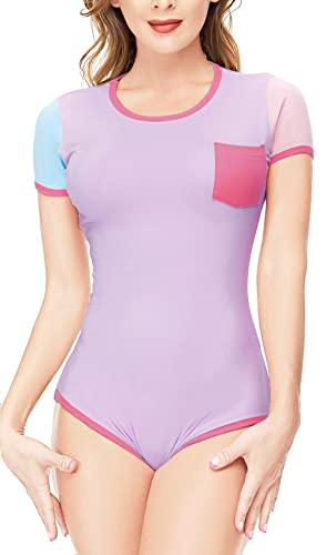 CutiePlusU Baumwoll-Bodysuit mit Knöpfen im Schritt Erwachsene Strampler Onesie Schlafanzug Spleißer Style Lila XXXXL von CutiePlusU
