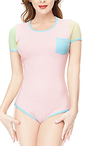 CutiePlusU Baumwoll-Bodysuit mit Knöpfen im Schritt Erwachsene Strampler Onesie Schlafanzug Spleißer Style Pink L von CutiePlusU