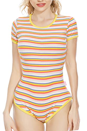 CutiePlusU Baumwollbodysuit Onesie Schlafanzug Strampler Rainbow Stripe Gelb L von CutiePlusU