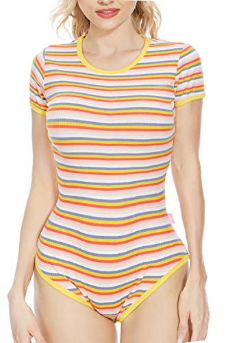 CutiePlusU Baumwollbodysuit Onesie Schlafanzug Strampler Rainbow Stripe Gelb XXL von CutiePlusU