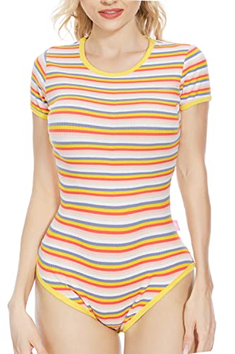 CutiePlusU Baumwollbodysuit Onesie Schlafanzug Strampler Rainbow Stripe Gelb XXXL von CutiePlusU