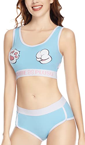 CutiePlusU Baumwolle Camisole und Höschen Sport Loungewear Damen Bralette Set - Süße Katzenpfote Himmelblau 2XL von CutiePlusU