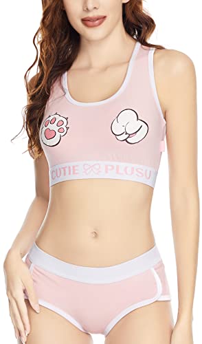 CutiePlusU Baumwolle Camisole und Höschen Sport Loungewear Damen Bralette Set - Süße Katzenpfote Rosa 2XL von CutiePlusU