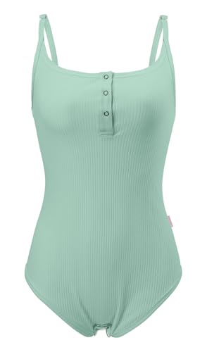 CutiePlusU Baumwolle KnopV Schritt Erwachsene Onesie Bodysuit Pyjamas Verstellbare Träger Bodysuit mit Riemenrücken-Grün M von CutiePlusU