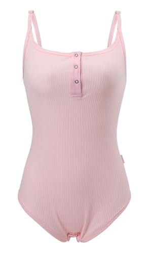CutiePlusU Baumwolle Knopf Schritt Erwachsene Onesie Bodysuit Pyjamas Verstellbare Träger Bodysuit mit Riemenrücken-Rosa 2XL von CutiePlusU