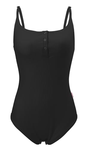 CutiePlusU Baumwolle Knopf Schritt Erwachsene Onesie Bodysuit Pyjamas Verstellbare Träger Bodysuit mit Riemenrücken-Schwarz M von CutiePlusU