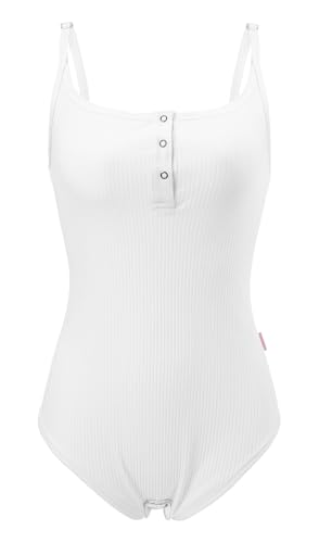 CutiePlusU Baumwolle Knopf Schritt Erwachsene Onesie Bodysuit Pyjamas Verstellbare Träger Bodysuit mit Riemenrücken-Weiß XL von CutiePlusU