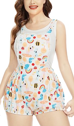 CutiePlusU Baumwolle Knopf Schritt Erwachsene Onesie Strampler Latzhose Pyjamas- Regenbogen-Tiere 4XL von CutiePlusU