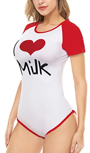 CutiePlusU Baumwolle Knopf im Schritt Bodysuit Erwachsene Baby Onesie Classics Strampler- Ich liebe Milch-Muster Rot XXL von CutiePlusU