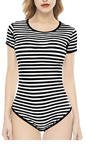 CutiePlusU Baumwolle Knopf im Schritt Bodysuit Onesie Pyjamas Strampler Classics Stripe Schwarz XXL von CutiePlusU