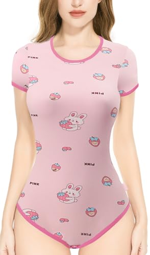 CutiePlusU Baumwolle Knopf im Schritt Bodysuits Erwachsene Strampler Basics Drucken Strampler - Erdbeerhasen 2XL von CutiePlusU