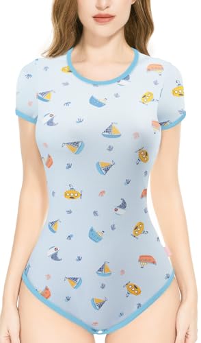 CutiePlusU Baumwolle Knopf im Schritt Bodysuits Erwachsene Strampler Basics Drucken Strampler- Segelboot-Rennen Blau L von CutiePlusU