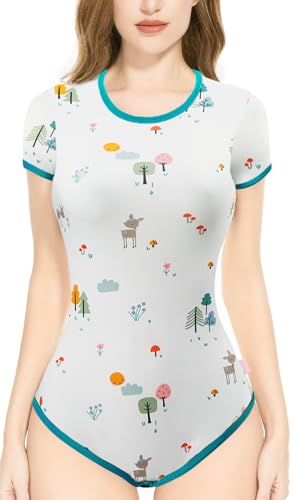 CutiePlusU Baumwolle Knopf im Schritt Bodysuits Erwachsene Strampler Basics Drucken Strampler- Süßes Rehkitz M von CutiePlusU