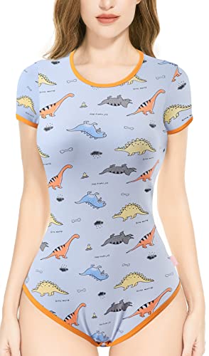 CutiePlusU Baumwolle Knopf im Schritt Bodysuits Erwachsene Strampler Basics Drucken Strampler - Süßester Dino Orange L von CutiePlusU