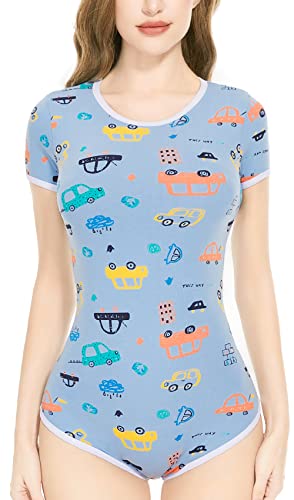 CutiePlusU Baumwolle Knopf im Schritt Bodysuits Erwachsene Strampler Basics Mini Auto Blau Strampler Blau L von CutiePlusU