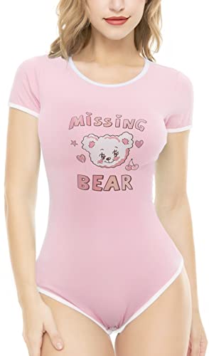 CutiePlusU Baumwolle Knopf im Schritt Bodysuits Erwachsene Strampler Basics Onesie Fräulein Bär Rosa S von CutiePlusU