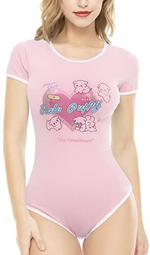 CutiePlusU Baumwolle Knopf im Schritt Bodysuits Erwachsene Strampler Basics Onesie Halo Welpe Rosa M von CutiePlusU