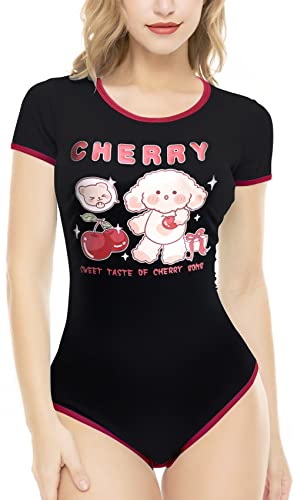 CutiePlusU Baumwolle Knopf im Schritt Bodysuits Erwachsene Strampler Basics Onesie Sweetie Cherry RotSchwarz L von CutiePlusU