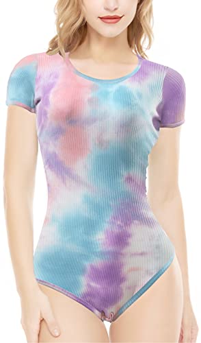 CutiePlusU Baumwolle Knopf im Schritt Bodysuits Erwachsene Strampler Basics Onesie Unregelmäßig Tie Dye Unisex Lila XS von CutiePlusU