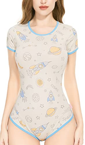 CutiePlusU Baumwolle Knopf im Schritt Bodysuits Erwachsene Strampler Basics Strampler Romantischer Planet XL von CutiePlusU