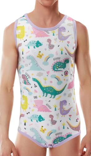 CutiePlusU Baumwolle Knopf im Schritt Bodysuits Erwachsene Strampler ärmellos Onesie für Männer drucken -Dinosaurier drucken lila S von CutiePlusU