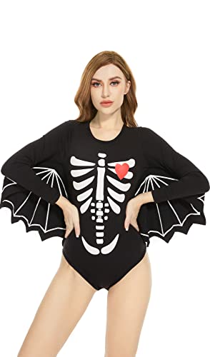 CutiePlusU Baumwolle Knopf im Schritt Bodysuits Halloween Fledermaus Vampire Fluoreszierender Druck Erwachsene Strampler Schwarz L von CutiePlusU