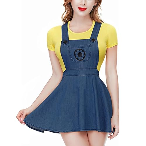 CutiePlusU Erwachsene Strampler mit Knopf im Schritt Bodysuit Spielanzug Tracht Radzähne Denim Overall Rock Set Dunkelblau 2XL von CutiePlusU