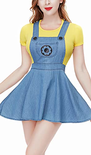 CutiePlusU Button Crotch Onesie Erwachsene Strampler Bodysuit Kostüm- Despicable Denim Overalls Skirt Set Gelb XL von CutiePlusU