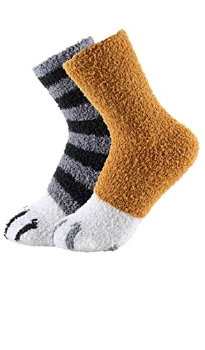 CutiePlusU Coral Fleece Socken Cat Paw Fuzzy Winter Women Fluffy Cozy Plush Slipper Socken-2 Pack Solid + Stripes von CutiePlusU