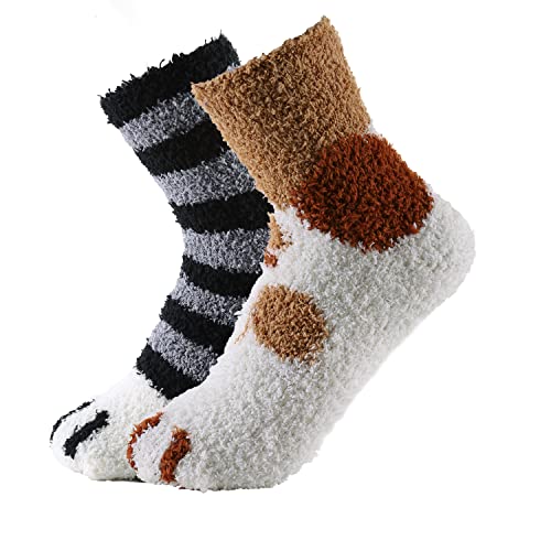 CutiePlusU Coral Fleece Socken Cat Paw Fuzzy Winter Women Fluffy Cozy Plush Slipper Socken-2er Pack Speckle + Stripes von CutiePlusU