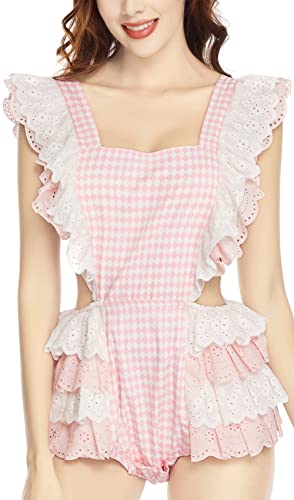 CutiePlusU Damen Karierter Spitze Overall Romper Rosa XS von CutiePlusU